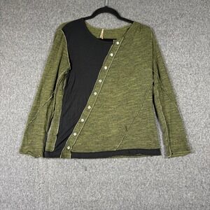 Pete America Olive Green Black Button Front Raw Seam Knit Top Small Lagenlook
